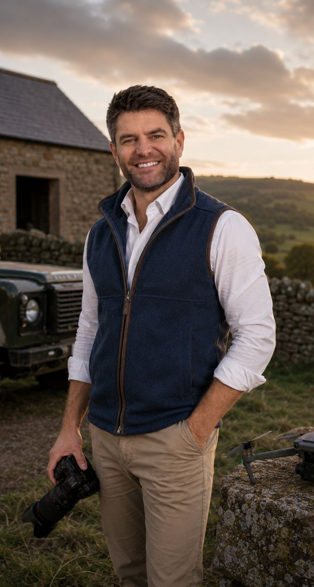 Benjamin Lycett, founder of Aerial Excellence, holding a professional camera on location with drone equipment